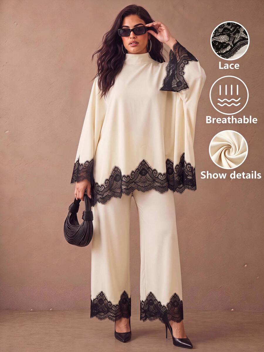 Juhart Plus Size French Lace Patchwork Top And Loose Pants 2 Pieces Set - Apricot - View 1