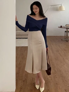 DAZY 純色露肩交叉包圍式長袖女上衣，學院風秋季女裝外出上衣 - 霧霾藍 - 查看 4