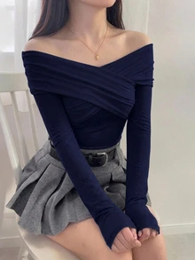 DAZY 純色露肩交叉包圍式長袖女上衣，學院風秋季女裝外出上衣 - 霧霾藍 - 查看 5