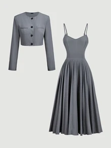 SHEIN MOD Bộ vest công sở gồm váy hai dây xếp ly màu xám và áo blazer tay dài - Màu xám đen - Xem 2