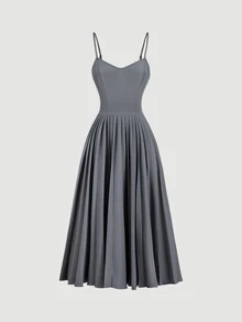 SHEIN MOD Bộ vest công sở gồm váy hai dây xếp ly màu xám và áo blazer tay dài - Màu xám đen - Xem 10