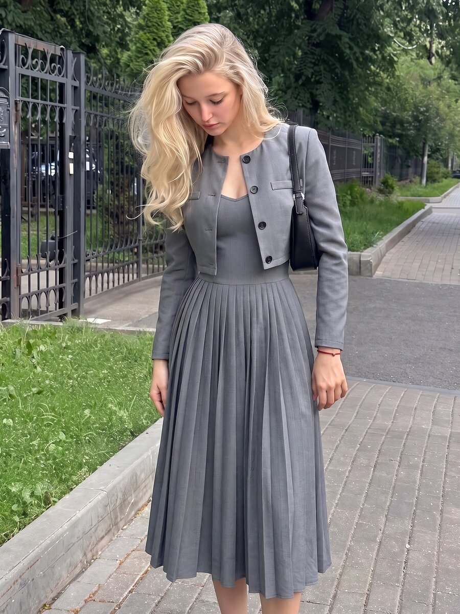 SHEIN MOD Bộ vest công sở gồm váy hai dây xếp ly màu xám và áo blazer tay dài - Màu xám đen - Xem 1