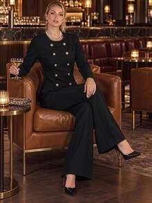 Editum Women's Solid Color Long Sleeve Top And Pants Casual Daily 2 Pieces Set - Black - View 3