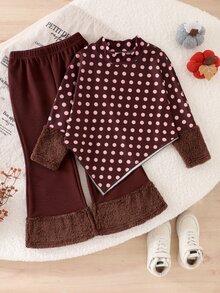 SHEIN 2件組少女波點毛絨袖口假領波浪邊假領上衣+喇叭褲公主風羅紋針織套裝，適用新年、聖誕派對 - 棕色 - 查看 8