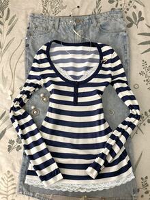 SHEIN Women's Blue And White Striped Lace Patchwork Long Sleeve Top - Multicolor - View 1