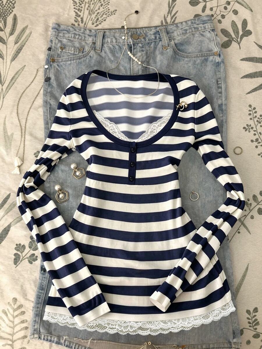 SHEIN Women's Blue And White Striped Lace Patchwork Long Sleeve Top - Multicolor - View 1