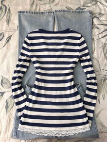 SHEIN Women's Blue And White Striped Lace Patchwork Long Sleeve Top - Multicolor - View 2