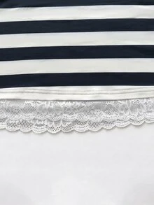 SHEIN Women's Blue And White Striped Lace Patchwork Long Sleeve Top - Multicolor - View 3