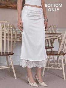 SHEIN MOD Sexy Sweet Lace Satin Skirt - White - View 8