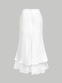SHEIN MOD Sexy Sweet Lace Satin Skirt - White - View 6