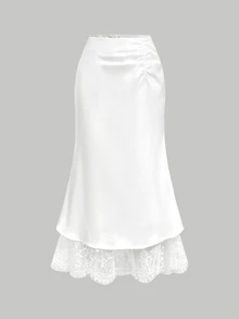 SHEIN MOD Sexy Sweet Lace Satin Skirt - White - View 5