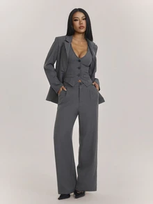 SHEIN PETITE طقم بدلة عمل أنيق من 3 قطع للنساء الصغيرات (جاكيت رمادية، بنطلون، وجاكيت) - رمادي غامق - مشاهدة 4