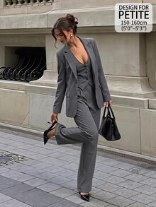 SHEIN PETITE طقم بدلة عمل أنيق من 3 قطع للنساء الصغيرات (جاكيت رمادية، بنطلون، وجاكيت) - رمادي غامق - مشاهدة 1