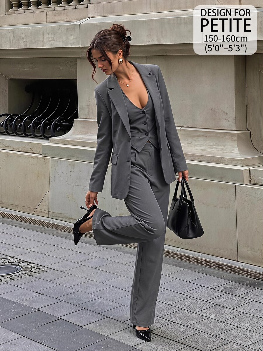 SHEIN PETITE طقم بدلة عمل أنيق من 3 قطع للنساء الصغيرات (جاكيت رمادية، بنطلون، وجاكيت) - رمادي غامق - مشاهدة 1