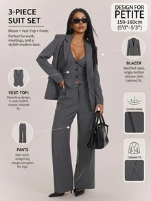 SHEIN PETITE طقم بدلة عمل أنيق من 3 قطع للنساء الصغيرات (جاكيت رمادية، بنطلون، وجاكيت) - رمادي غامق - مشاهدة 5