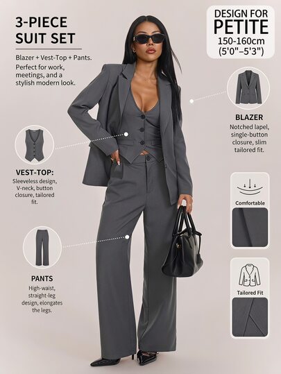 SHEIN PETITE Stylish Business 3 Piecessuit Set For Petite Women (Grey Vest, Trousers, And Jacket)