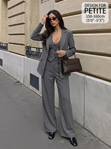 SHEIN PETITE طقم بدلة عمل أنيق من 3 قطع للنساء الصغيرات (جاكيت رمادية، بنطلون، وجاكيت) - رمادي غامق - مشاهدة 6