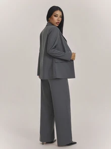 SHEIN PETITE طقم بدلة عمل أنيق من 3 قطع للنساء الصغيرات (جاكيت رمادية، بنطلون، وجاكيت) - رمادي غامق - مشاهدة 2