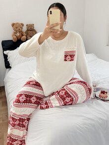 Napfluff CURVE Napfluff CURVE 大尺碼對比色口袋秋冬毛絨聖誕印花長袖女款睡衣套裝 - 彩色 - 查看 4