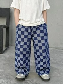 SHEIN 小男孩時尚休閒童裝深淺藍格紋設計寬鬆直筒牛仔褲 - 藍色 - 查看 3