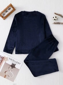 Boys' Simple Royal Blue Fashion Football Embroidery Royal Blue Plush Ribbed Crew Neck Casual Comfortable Lazy Homewear Long Sleeve Pants Set 2pcs - Navy Blue - View 3