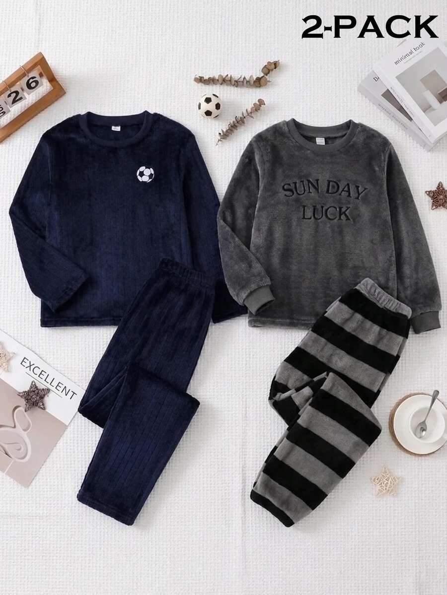 Boys' Simple Royal Blue Fashion Football Embroidery Royal Blue Plush Ribbed Crew Neck Casual Comfortable Lazy Homewear Long Sleeve Pants Set 2pcs - Navy Blue - View 1