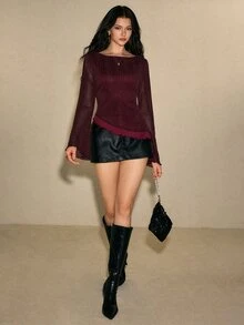 Poéselle 女款閃光網紗修身長袖喇叭袖T恤，層次不對稱荷葉邊下擺，優雅性感，適合聖誕夜出遊與秋季穿搭 - 酒紅色 - 查看 7