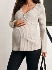 MaterniWear 孕婦休閒可愛交叉領哺乳上衣，適合秋季早晨哺乳，灰色 - 卡其色 - 查看 2
