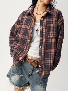 Bohemela Casual Woven Plaid Loose Fit Regular Jacket For Women - Brown - View 6