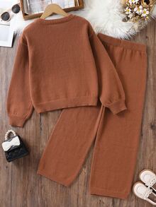SHEIN Girls' 2 Pieces Sweater Set, Round Neck Long Sleeve Sweater With Color-Block Wide Leg Pants, Grey Oatmeal Color, Suitable For Autumn And Winter - Khaki - View 2