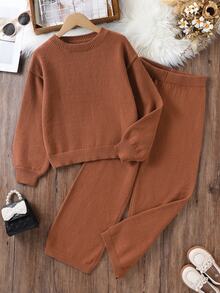 SHEIN Girls' 2 Pieces Sweater Set, Round Neck Long Sleeve Sweater With Color-Block Wide Leg Pants, Grey Oatmeal Color, Suitable For Autumn And Winter - Khaki - View 5