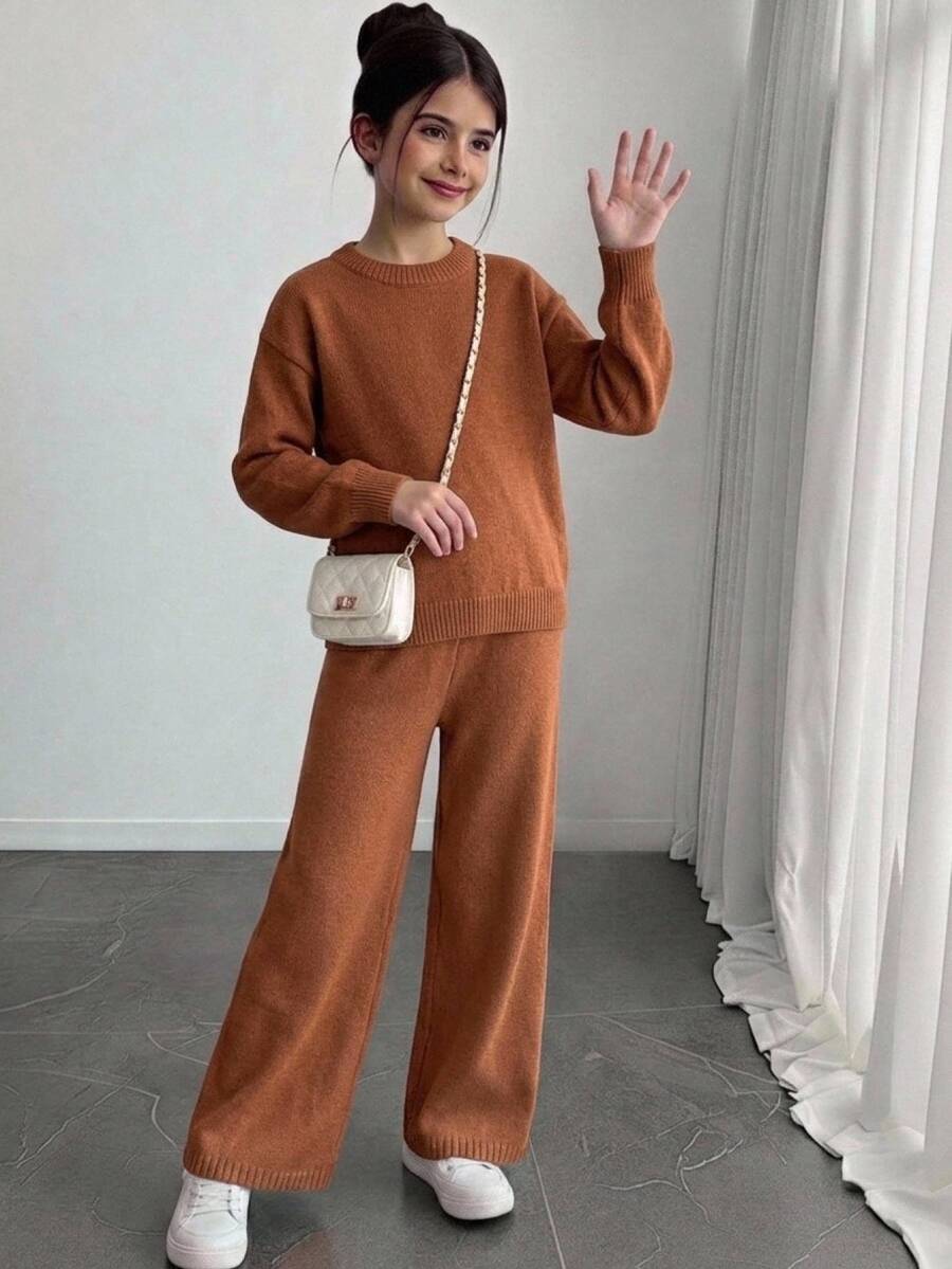 SHEIN Girls' 2 Pieces Sweater Set, Round Neck Long Sleeve Sweater With Color-Block Wide Leg Pants, Grey Oatmeal Color, Suitable For Autumn And Winter - Khaki - View 1