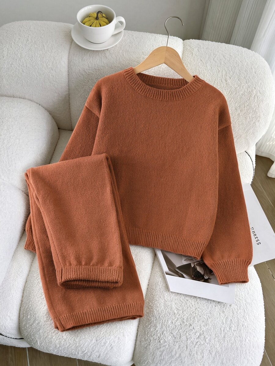 SHEIN Girls' 2 Pieces Sweater Set, Round Neck Long Sleeve Sweater With Color-Block Wide Leg Pants, Grey Oatmeal Color, Suitable For Autumn And Winter - Khaki - View 1