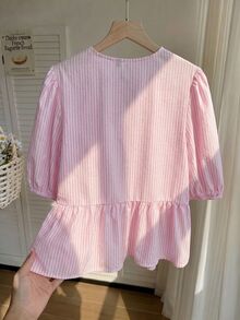Strawberry Shortcake X SHEIN Women's Striped Front Tie Puff Sleeve Blouse, - Baby Pink - View 2