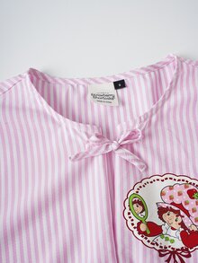 Strawberry Shortcake X SHEIN Women's Striped Front Tie Puff Sleeve Blouse, - Baby Pink - View 5