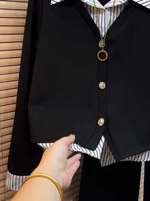 Resyla Women's Patchwork Striped Shirt Collar Long Sleeve 2 In 1 Casual Sweatshirt - Black - View 4