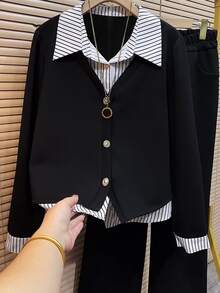 Resyla Women's Patchwork Striped Shirt Collar Long Sleeve 2 In 1 Casual Sweatshirt - Black - View 5