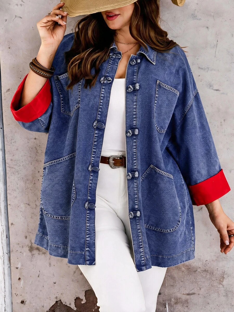 EMERY ROSE EMERY ROSE Plus Size Streetwear Pocket Button Denim Jacket Winter Casual Blouses Halloween Christmas - Light Wash - View 1