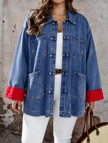 EMERY ROSE EMERY ROSE Plus Size Streetwear Pocket Button Denim Jacket Winter Casual Blouses Halloween Christmas - Light Wash - View 2