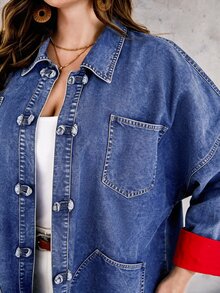 EMERY ROSE EMERY ROSE Plus Size Streetwear Pocket Button Denim Jacket Winter Casual Blouses Halloween Christmas - Light Wash - View 8
