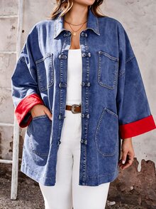 EMERY ROSE EMERY ROSE Plus Size Streetwear Pocket Button Denim Jacket Winter Casual Blouses Halloween Christmas - Light Wash - View 7
