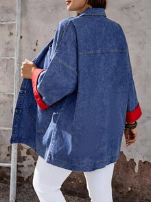 EMERY ROSE EMERY ROSE Plus Size Streetwear Pocket Button Denim Jacket Winter Casual Blouses Halloween Christmas - Light Wash - View 6