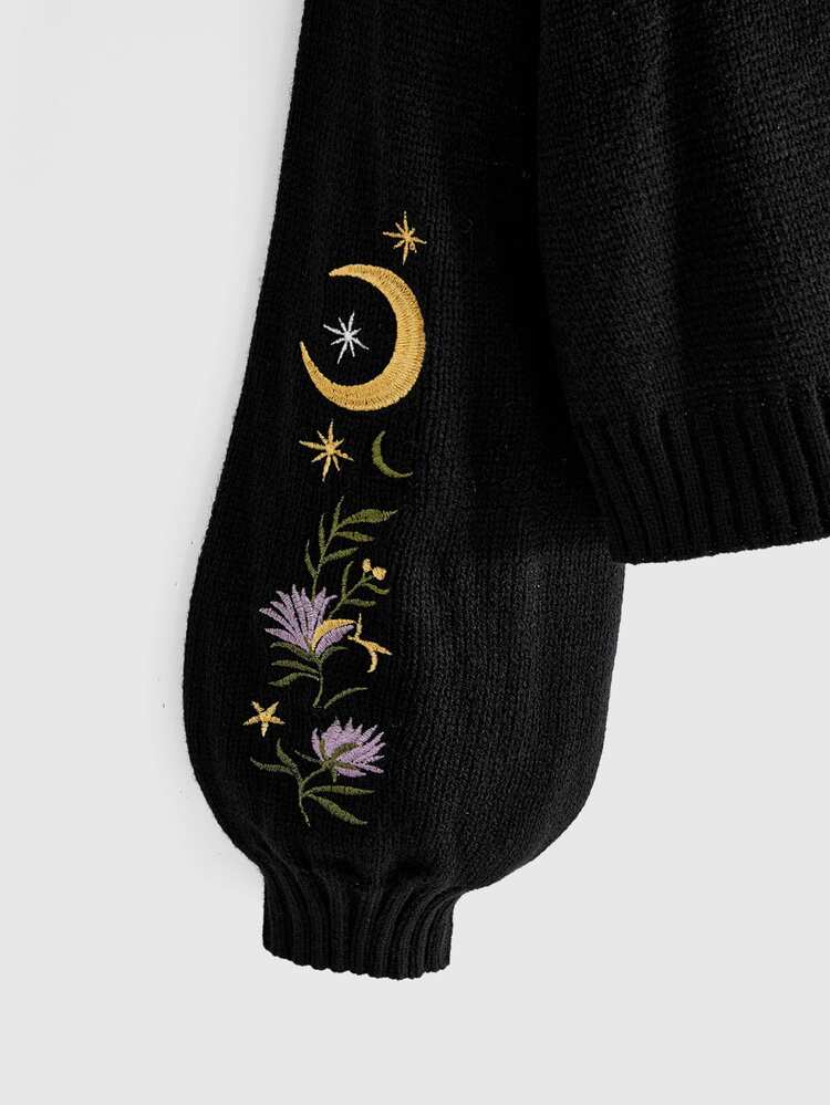 ROMWE Dark Gothic Cherry Skull Embroidered Contrast Color Short Loose Knit Cardigan - Black - View 11