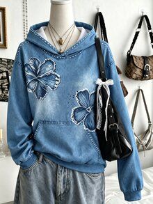 SHEIN 青少年女孩花卉鉚釘印花休閒寬鬆套頭運動衫 - 藍色 - 查看 3