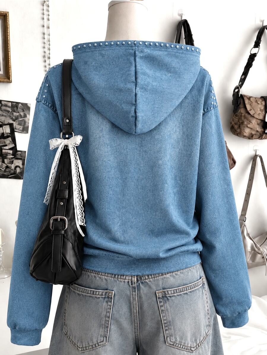 SHEIN 青少年女孩花卉鉚釘印花休閒寬鬆套頭運動衫 - 藍色 - 查看 1