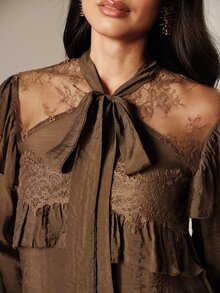 BELROSIE Fall/ Olive Green Solid Textured Fabric Elegant Romantic Sophisticated Crinkled Ruffle Lace Patchwork Bowknot Long Sleeve Blouse, French Office Dinner - Brown - View 1