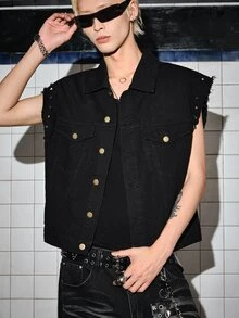 ROMWE MEN 男士骷髏圖案鉚釘設計背心外套 - 黑色 - 查看 6