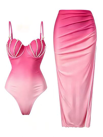 Swim Oasis Women's New Faux Pearl Shell Decor Ombre Spaghetti Strap Underwire One-Piece Swimsuit With Matching Skirt
