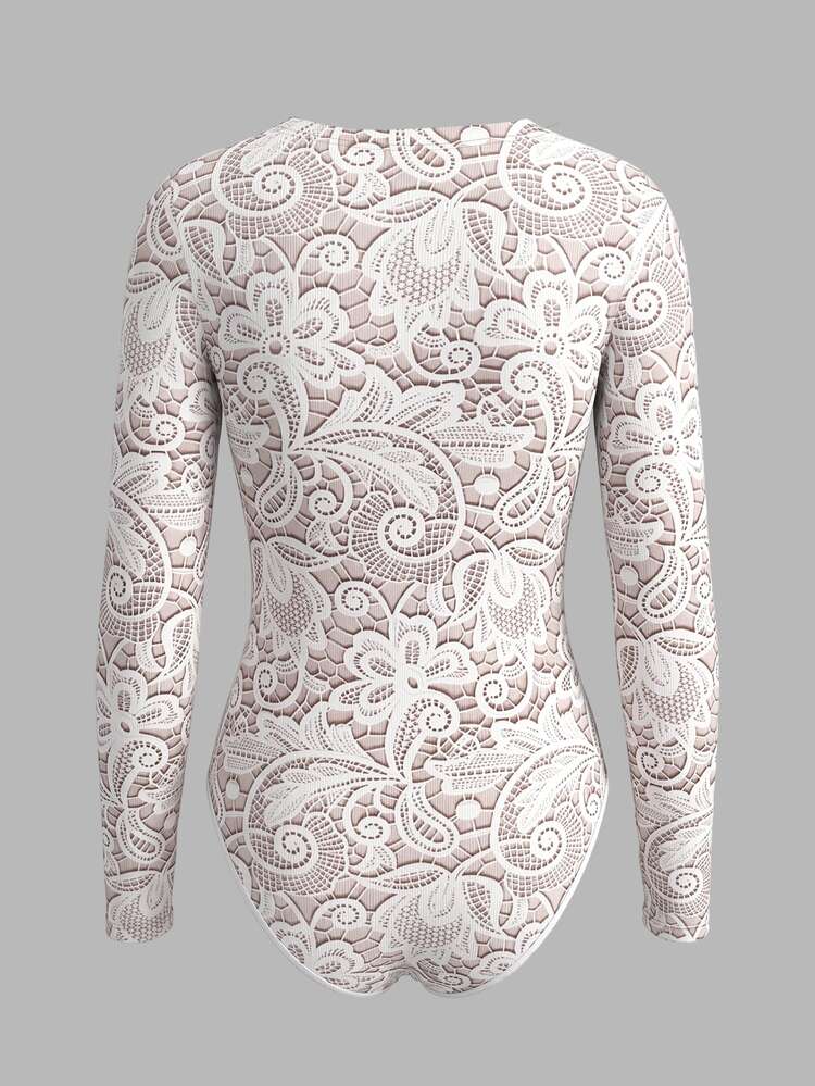 RIVANDRE Women's Lace Print Button Design Long Sleeve Elegant Sexy Bodysuit Night Out Beige Autumn - White - View 2