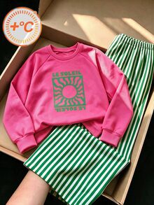 SHEIN 2件組 7-12歲女童街頭風太陽字母條紋印花長袖舒適抓絨連帽衛衣褲套裝，適合學校、假期、旅行，秋冬穿搭 - 玫紅色 - 查看 3